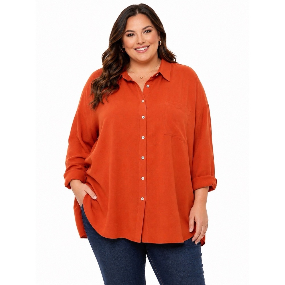 J Jill Plus 2X Orange Button Up Blouse Long Sleeve Oversized Pocket‎ Career